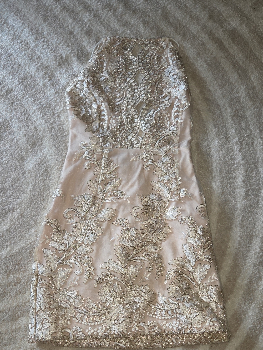 Strapless Embroidered Lace Cocktail Dress in Blush and Gold